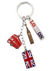 Silver Metal London Charm Keyring with Bus and Big Ben