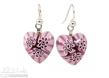 Amethyst Flowers Millefiori Heart Charm Earrings
