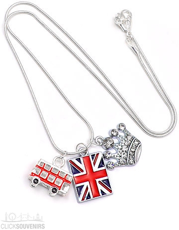 Red Bus, Diamante Crown & Union Jack Charm Necklace