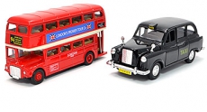 Pullback Red Double Decker Bus & Taxi Model Set