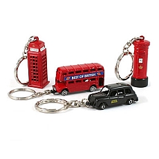 Gift Set of Four Metal London Keyrings with Bus & Taxi