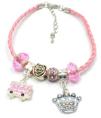 Pink Braided Leather Charm Bracelet with Bus