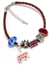 Brown Braided Leather Union Jack Charm Bracelet