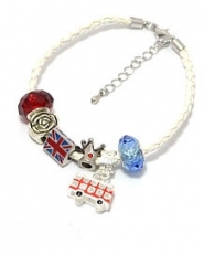 White Braided Leather Union Jack Charm Bracelet