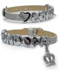 Silver Glitter Rhinestone Crown London Letter Bracelet