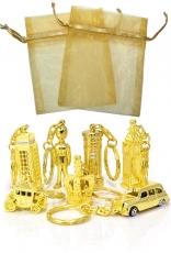 12 Keyrings in Gold Organza Bags Wedding Favours