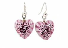 Amethyst Flowers Millefiori Heart Charm Earrings
