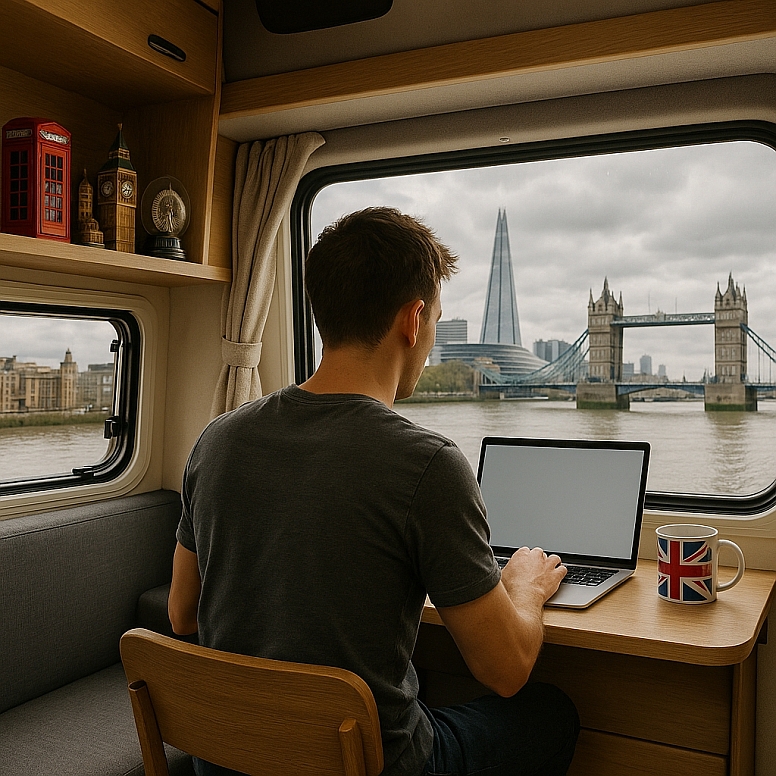 digital nomad working in camper van with london skyline view