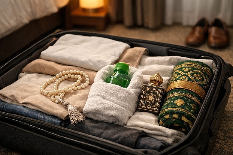 umrah journey essentials in a suitcase
