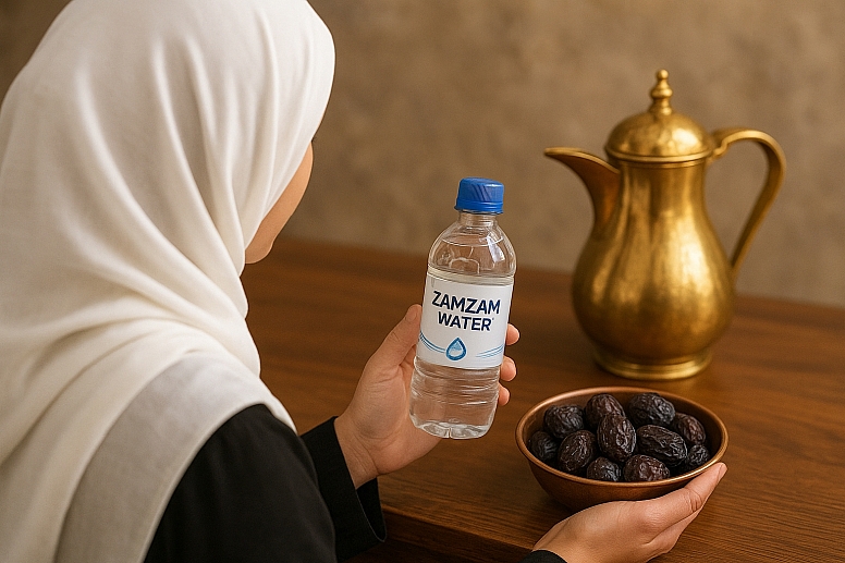 zamzam water and dates on wooden surface